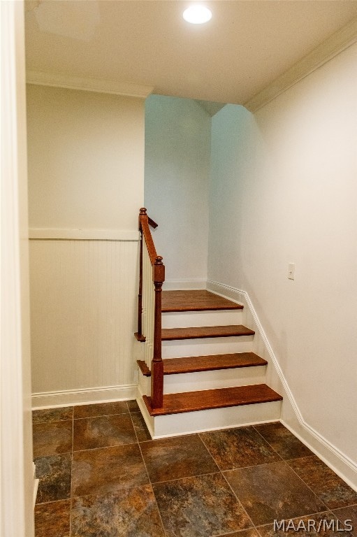 stairs featuring ornamental molding