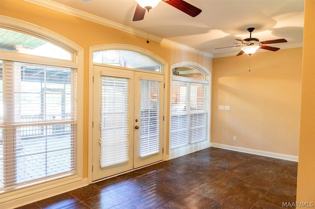 entryway featuring ceiling fan, crown molding, and french doors