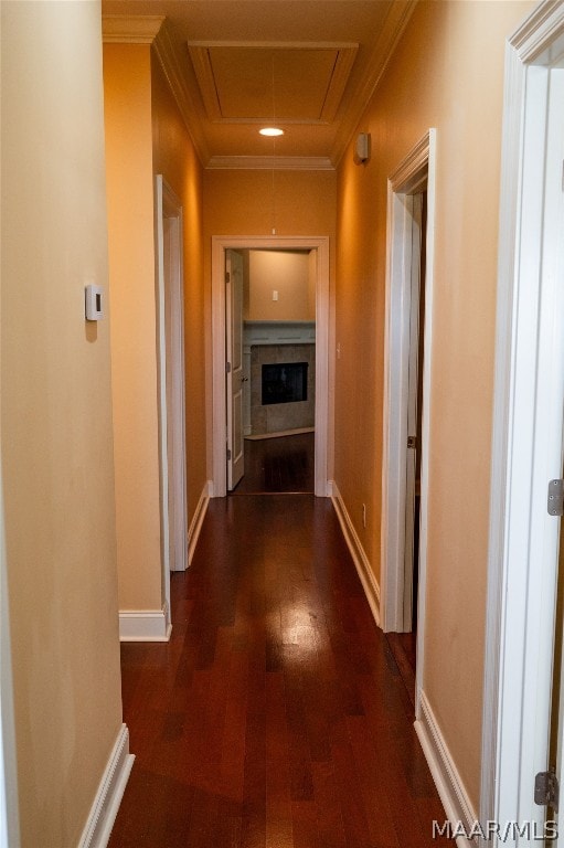 hall with crown molding and dark hardwood / wood-style floors