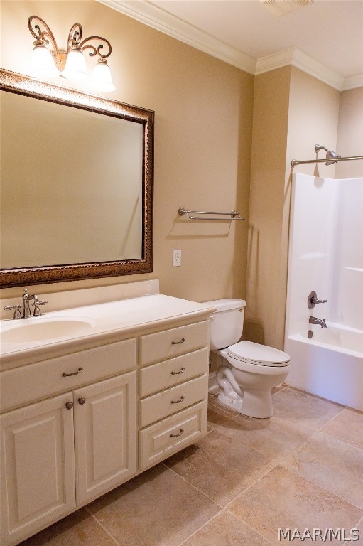 full bathroom with shower / tub combination, vanity, toilet, and crown molding