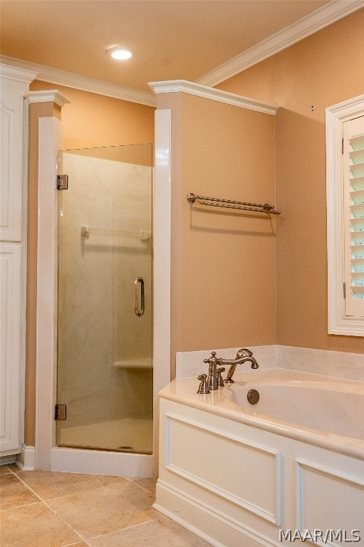 bathroom with tile patterned flooring, separate shower and tub, and crown molding