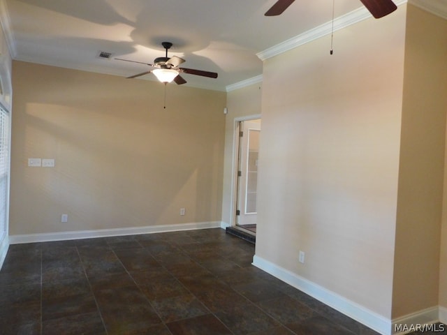 empty room with ceiling fan and crown molding