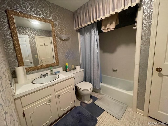 full bathroom with tile patterned flooring, vanity, shower / bath combination with curtain, and toilet