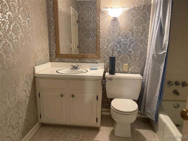 full bathroom featuring tile patterned flooring, shower / tub combo, vanity, and toilet