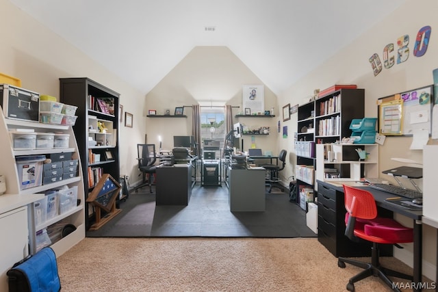 office with carpet and lofted ceiling