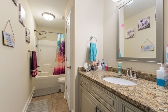 full bathroom with tile patterned floors, vanity, shower / tub combo, and toilet