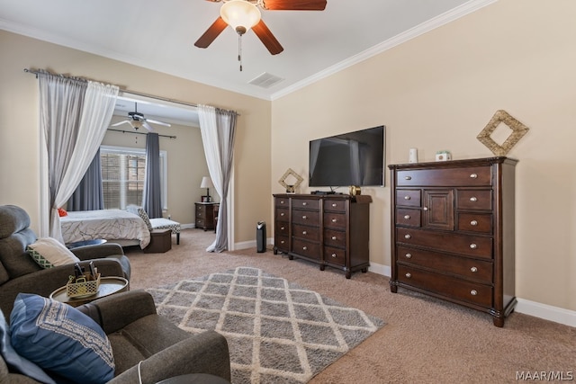 bedroom featuring light carpet, ceiling fan, and crown molding