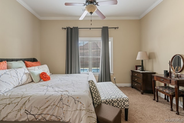 bedroom with light carpet, crown molding, and ceiling fan