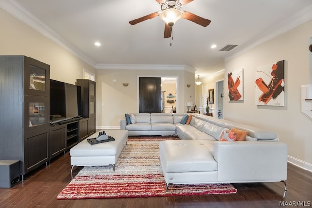 living room with ceiling fan, dark hardwood / wood-style flooring, and crown molding