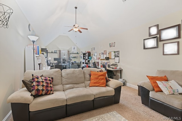 living room with light carpet, vaulted ceiling, and ceiling fan