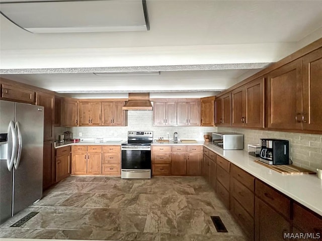 kitchen with decorative backsplash, custom range hood, and appliances with stainless steel finishes