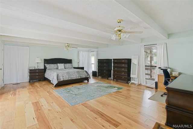 bedroom with beam ceiling, light hardwood / wood-style flooring, and ceiling fan