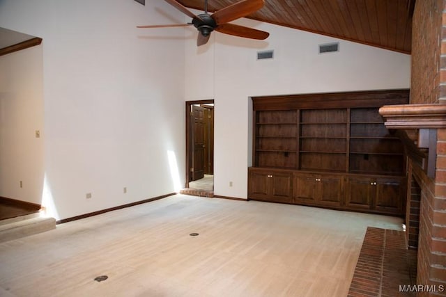 unfurnished living room with light colored carpet, wood ceiling, baseboards, visible vents, and a brick fireplace