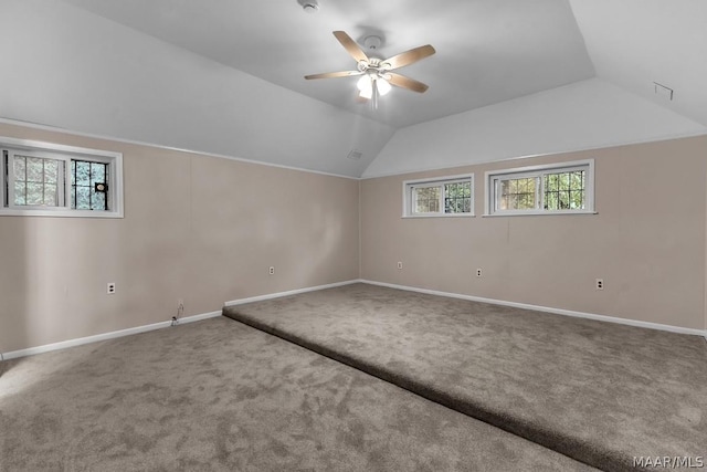 additional living space with lofted ceiling, carpet flooring, and a wealth of natural light