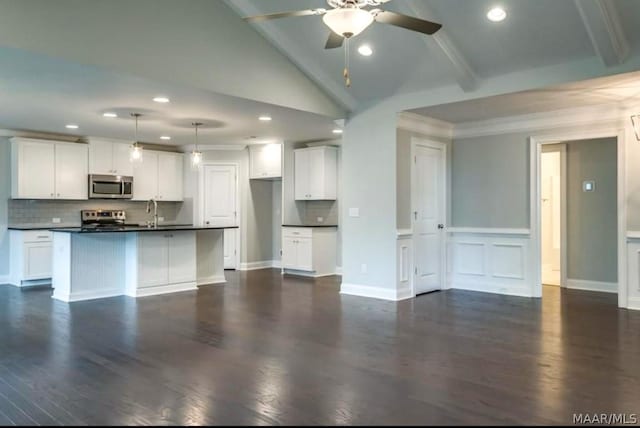 kitchen with dark countertops, a ceiling fan, dark wood-style flooring, and appliances with stainless steel finishes