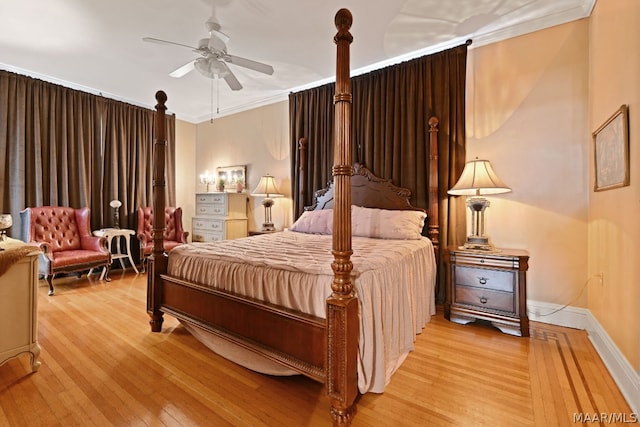 bedroom with ceiling fan, ornamental molding, and light wood-type flooring