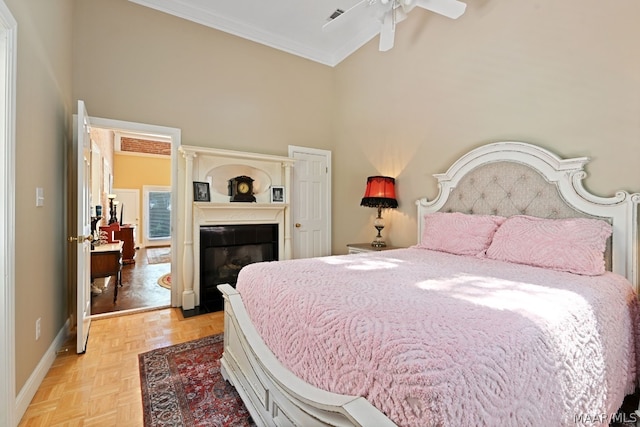 bedroom with high vaulted ceiling, light parquet floors, and ceiling fan