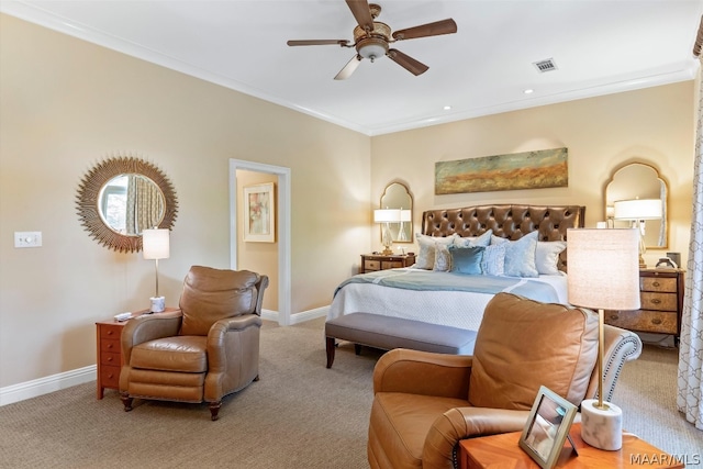 bedroom with carpet flooring, ornamental molding, and ceiling fan