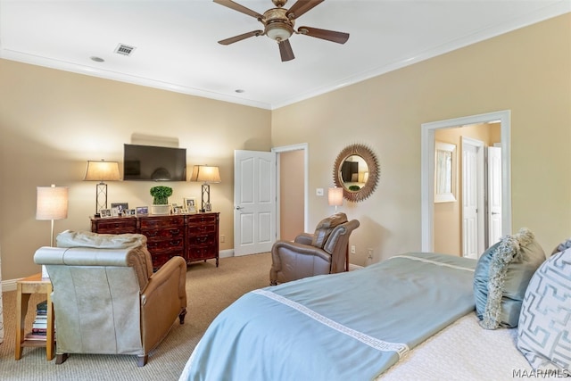 carpeted bedroom with crown molding and ceiling fan