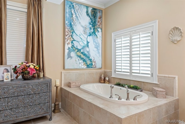 bathroom with tile floors and tiled bath