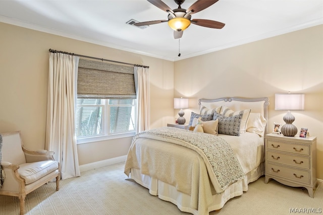 bedroom with crown molding, carpet floors, and ceiling fan