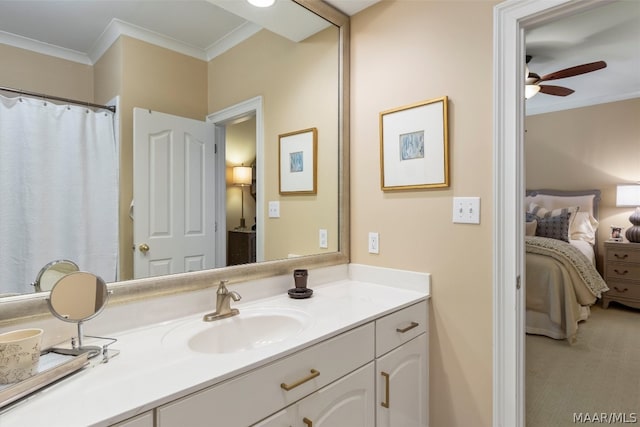 bathroom with ceiling fan and large vanity