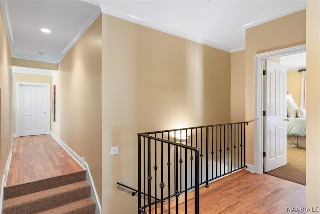 corridor featuring ornamental molding and light wood-type flooring