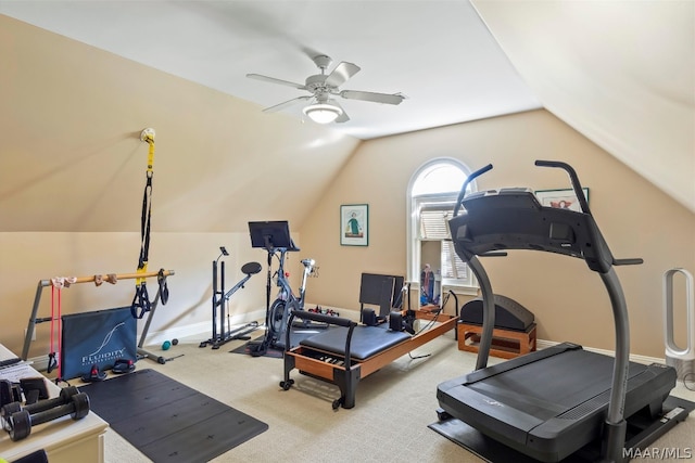 workout area with carpet flooring, ceiling fan, and lofted ceiling