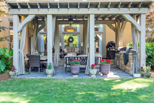 exterior space featuring outdoor lounge area and a pergola