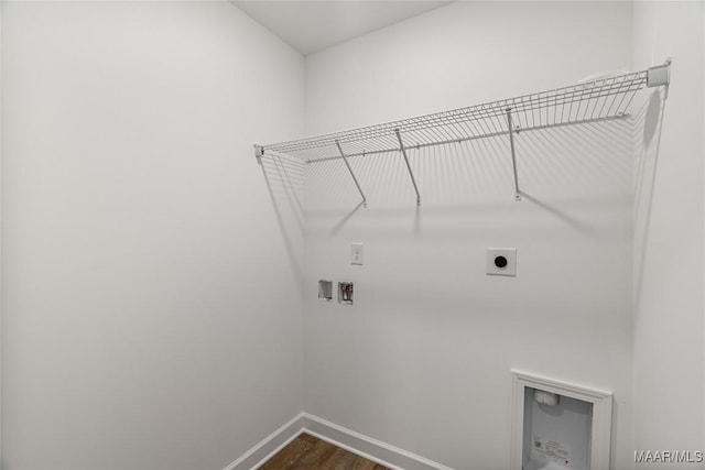 laundry room featuring hookup for an electric dryer, wood-type flooring, and washer hookup