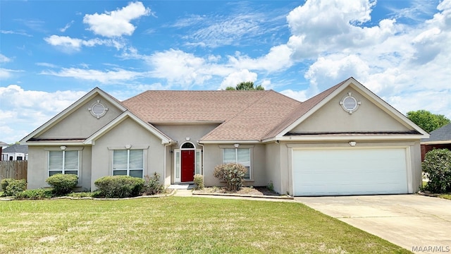 single story home featuring a front lawn and a garage