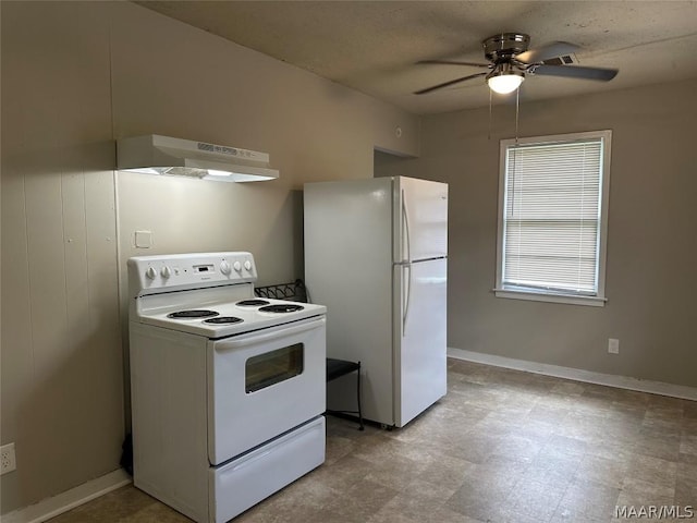 kitchen with white appliances, ventilation hood, and ceiling fan