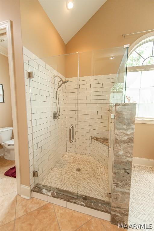 bathroom featuring tile patterned floors, toilet, an enclosed shower, and vaulted ceiling