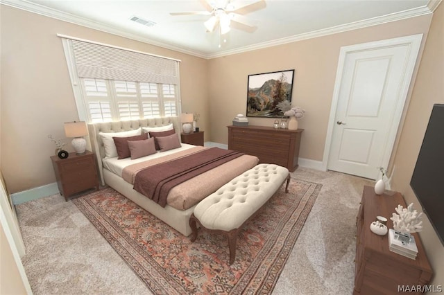 carpeted bedroom featuring ornamental molding and ceiling fan