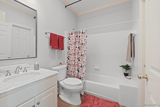 full bathroom with shower / bathtub combination with curtain, crown molding, wood-type flooring, toilet, and vanity