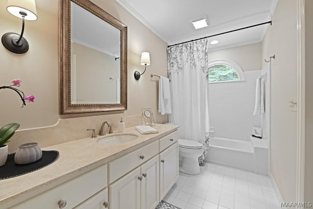 full bathroom with shower / bath combo, vanity, tile patterned floors, crown molding, and toilet