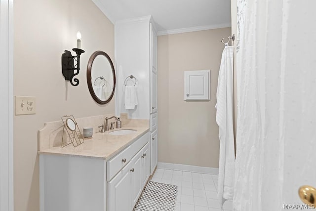 bathroom with vanity and ornamental molding