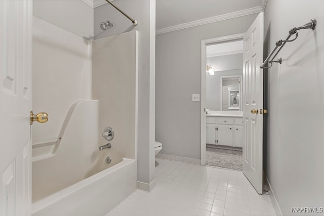 full bathroom with tile patterned floors, bathtub / shower combination, toilet, vanity, and ornamental molding