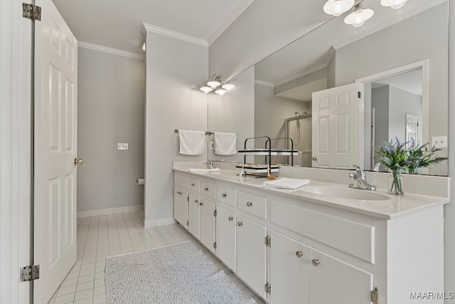 bathroom with vanity and ornamental molding