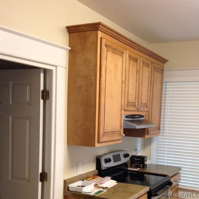 kitchen with brown cabinetry, stainless steel range with electric stovetop, and under cabinet range hood