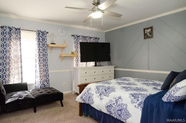 bedroom featuring carpet floors, ceiling fan, and ornamental molding