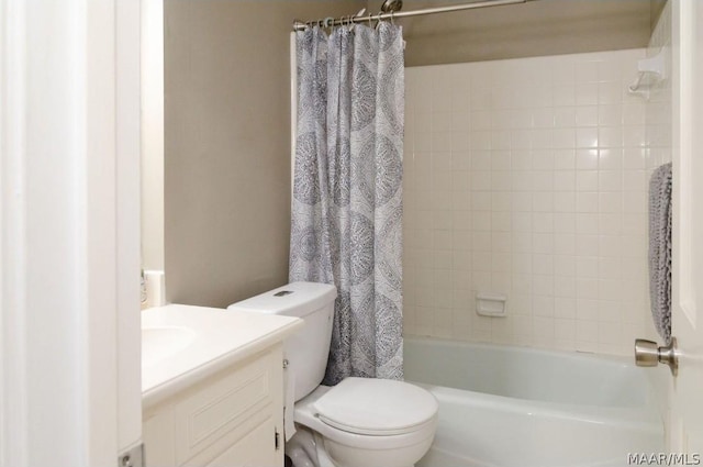 full bathroom with toilet, vanity, and shower / bathtub combination with curtain