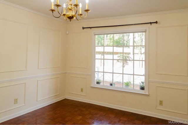 unfurnished room featuring a decorative wall, plenty of natural light, and ornamental molding