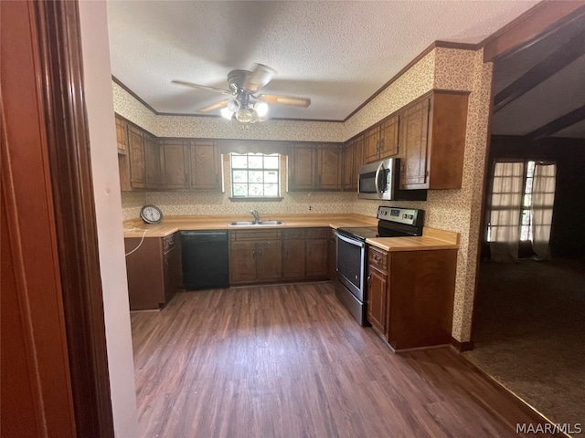 kitchen with stainless steel appliances, sink, a textured ceiling, dark wood-type flooring, and ceiling fan