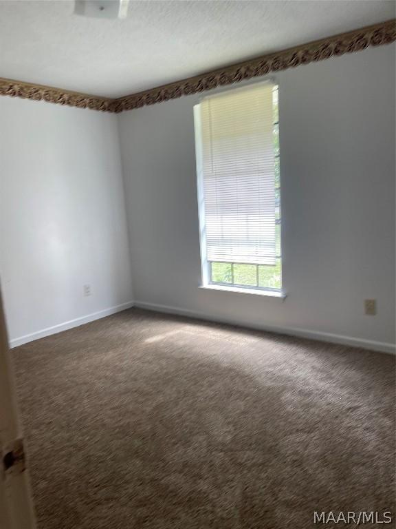 unfurnished room with a textured ceiling, baseboards, and carpet flooring