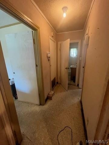 corridor with ornamental molding, a textured ceiling, and light colored carpet