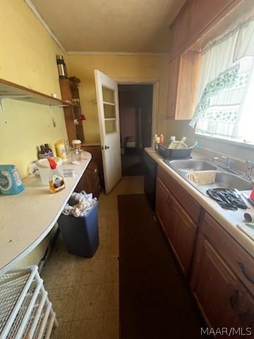 kitchen featuring brown cabinetry, ornamental molding, light countertops, and a sink