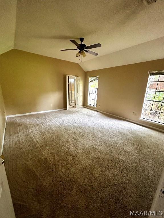 spare room with carpet, ceiling fan, and vaulted ceiling