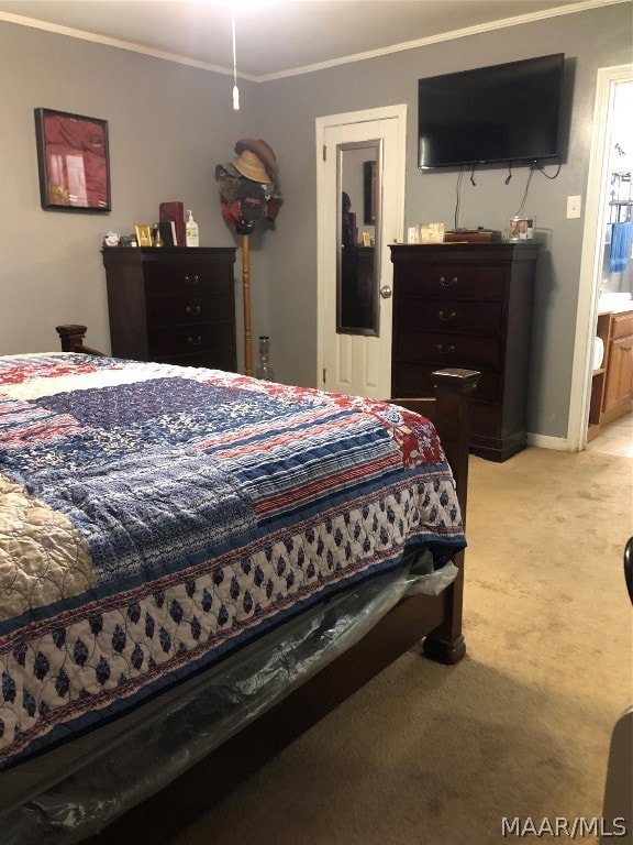 carpeted bedroom with ornamental molding and connected bathroom