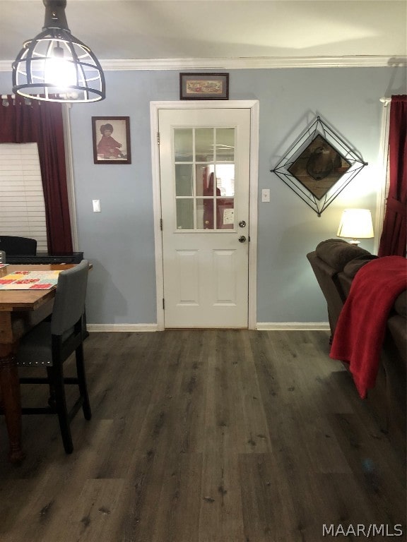 interior space with ornamental molding and dark hardwood / wood-style flooring